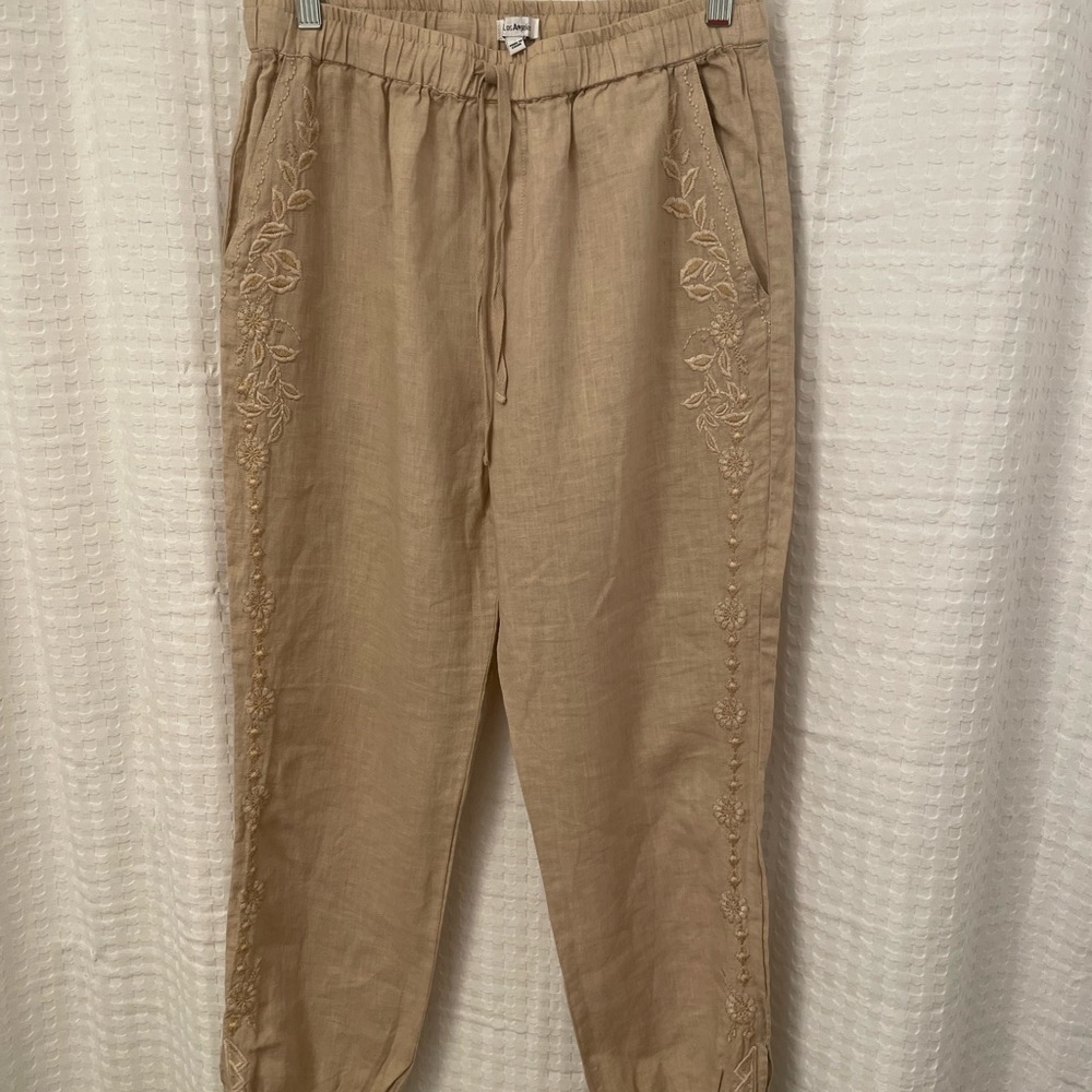 Johnny Was Tan Linen Floral embroidered Joggers Size S  Excellent Condition
